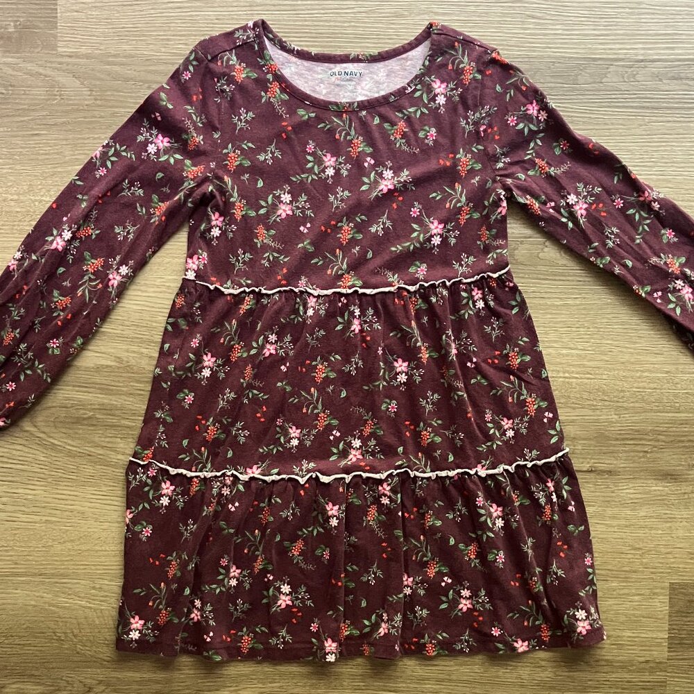 Old Navy Fall Flower Print Long-Sleeve Tiered Dress Size: 8